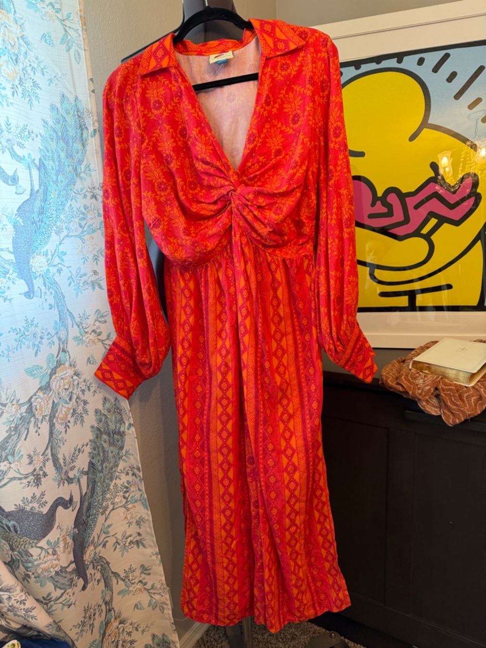 FARM Rio Red & Orange Twist-Front Long Sleeve Maxi Dress